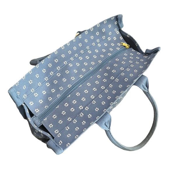 J. Crew Floral Chambray Canvas Structured Tote Blue Boho Coastal Beach Picnic - Picture 4 of 16